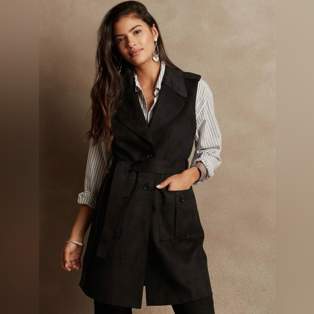 Banana Republic Exaggerated Collar Faux Suede Vest, BLACK SIZE S #803441 X0702H - Picture 1 of 13